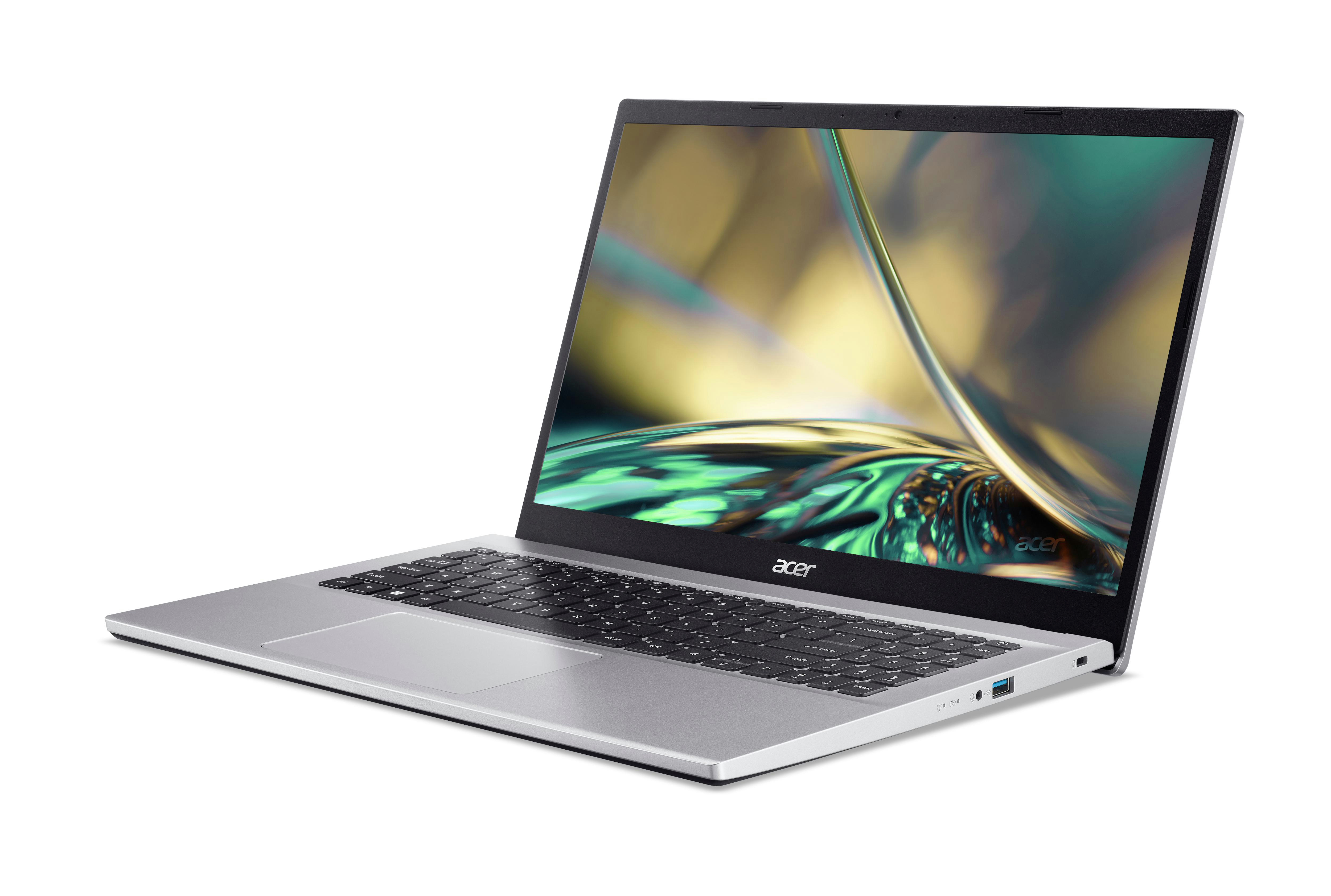Ein silberner Laptop auf einer weißen Oberfläche. Der Bildschirm zeigt ein farbenfrohes abstraktes Design.