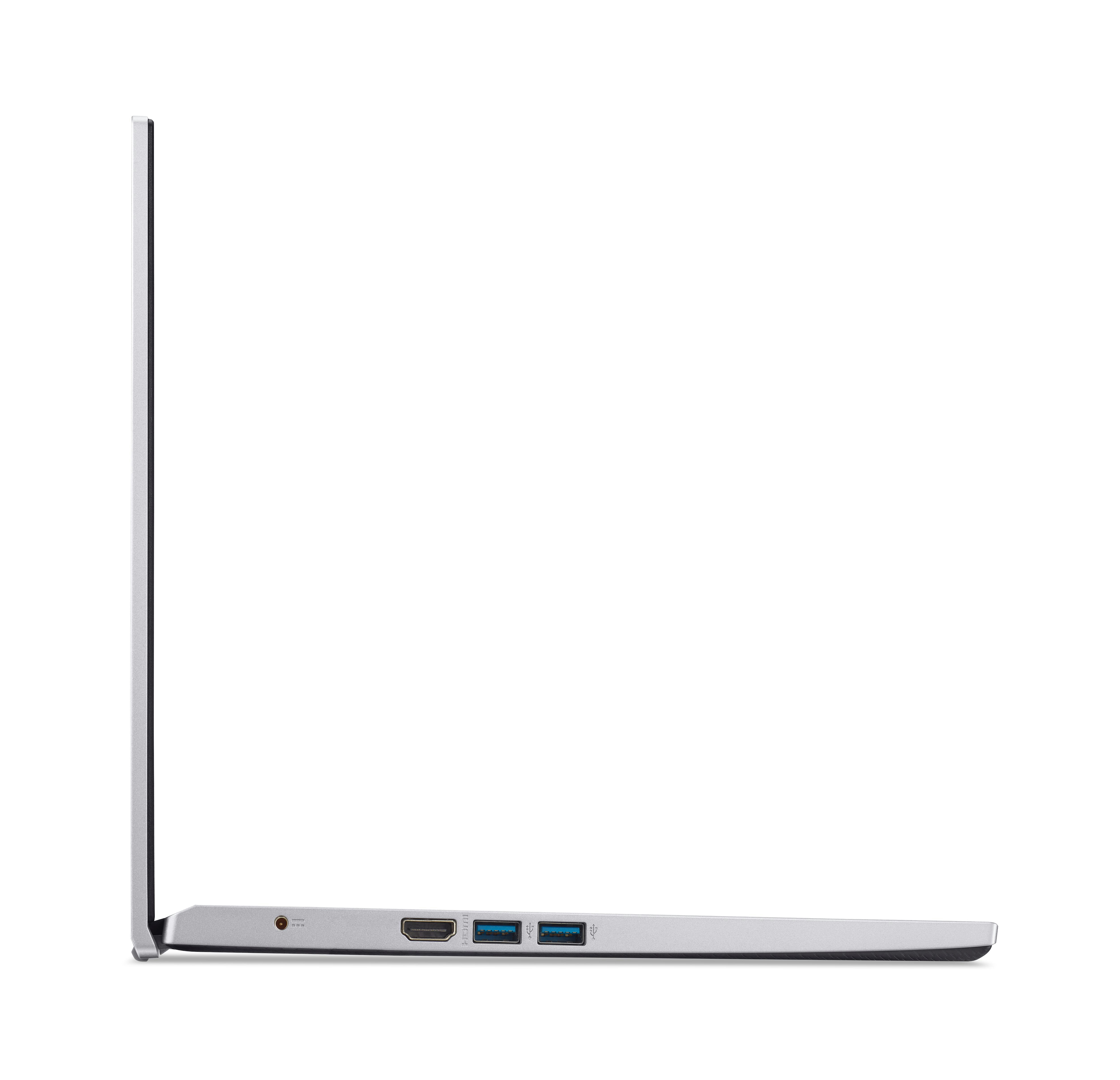 Seitenansicht eines silbernen Laptops, zeigt Anschlüsse und ein dünnes Profil.