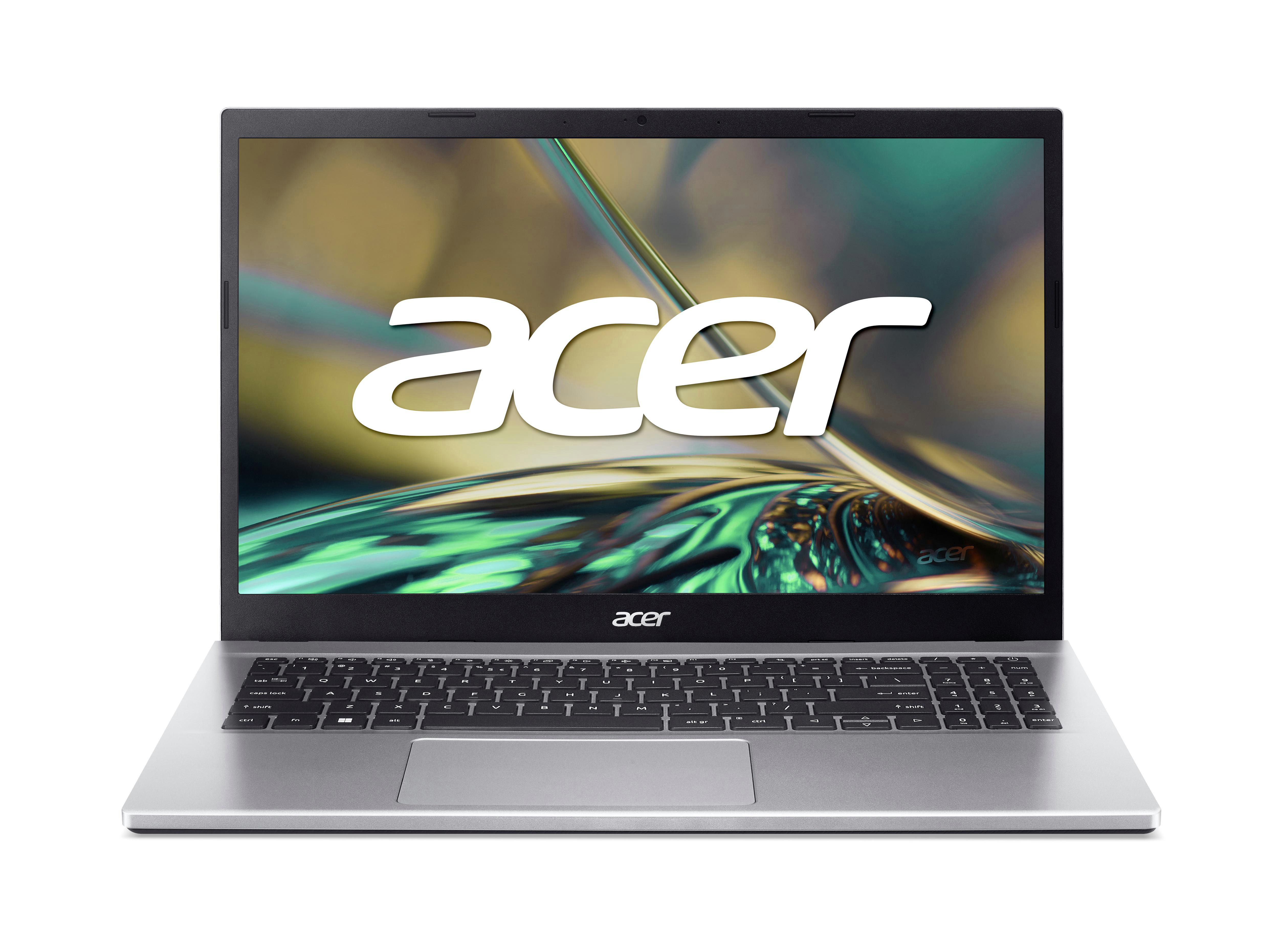 Silberner Acer-Laptop mit sichtbarem Markennamen. Weißer Hintergrund.