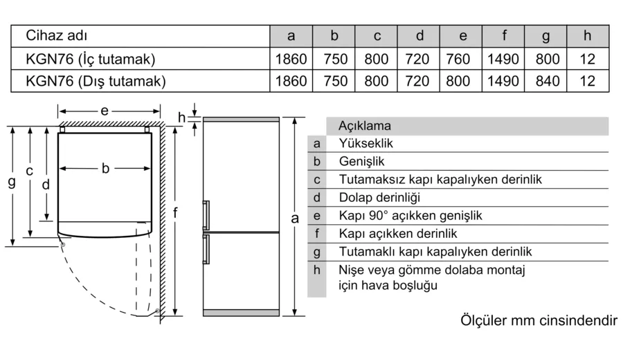 Buzdolabının ölçüleri ve etiketleriyle teknik çizimi.
