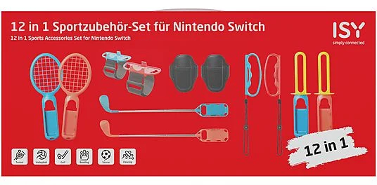 Zestaw 12 akcesoriów sportowych do Nintendo Switch, ułożonych na czerwonym tle.