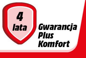 Czerwono-biała grafika wskazująca 4-letnią gwarancję z tekstem 'Gwarancja Plus Komfort'.
