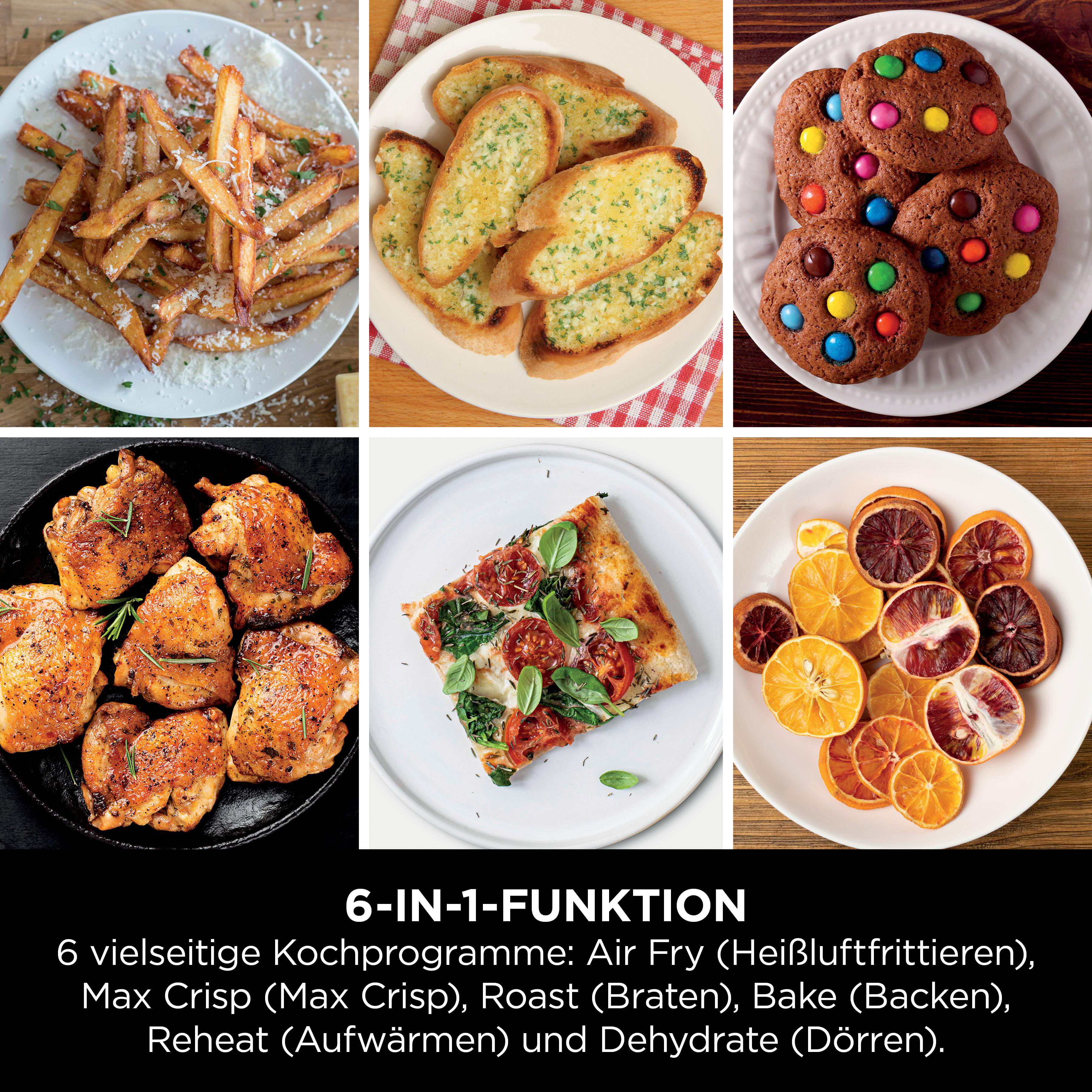 Sechs Bilder von verschiedenen Lebensmitteln: Pommes Frites, Knoblauchbrot, Kekse, Hühnchen, Pizza und Orangen. Text: 6-in-1-Funktion.