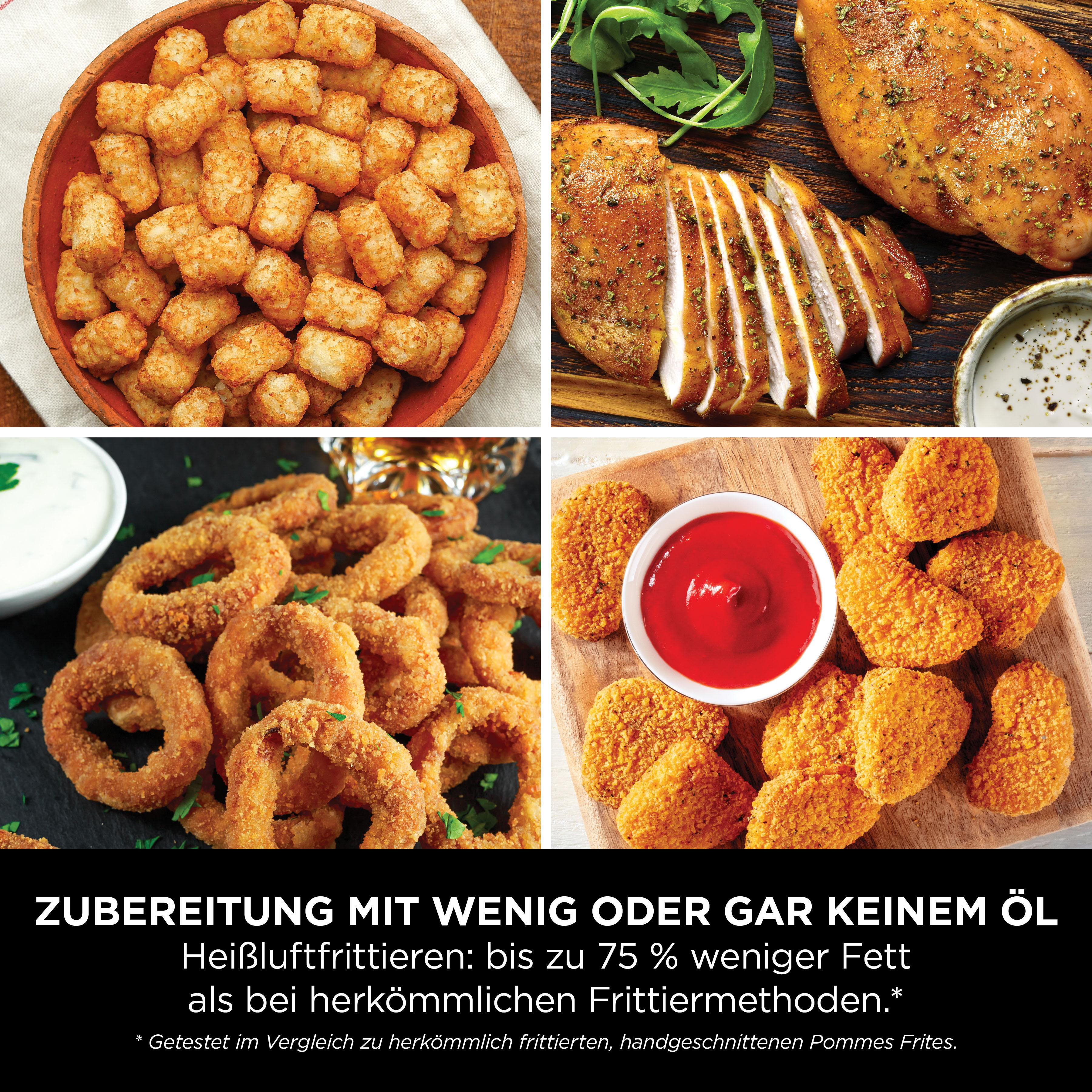 Eine Collage aus frittierten Speisen: Tater Tots, Hähnchenschnitte, Zwiebelringe, Nuggets.