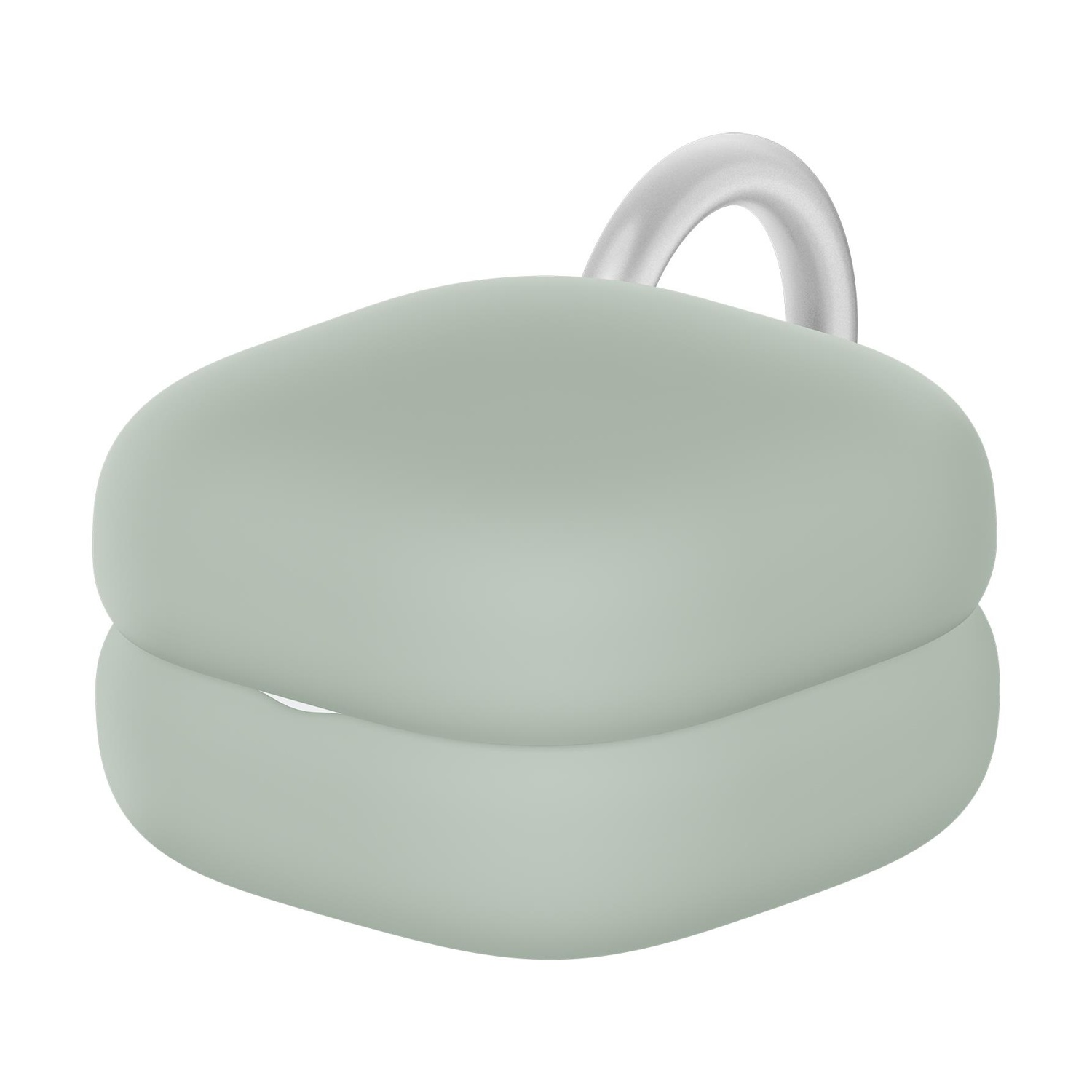 Tappi per le orecchie verde chiaro con anello argentato su sfondo bianco.