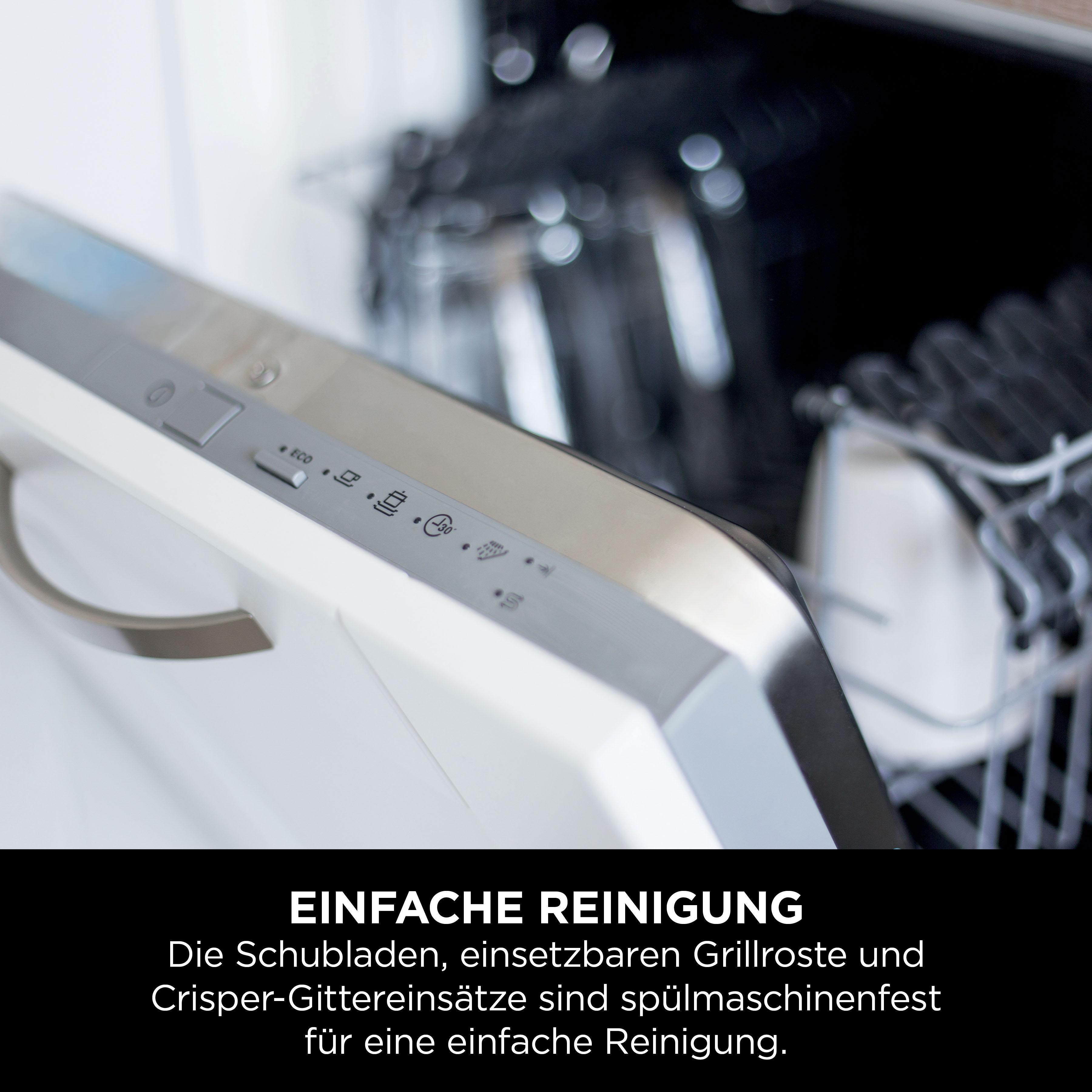 Nahaufnahme eines weißen Geschirrspüler-Bedienfelds mit Knöpfen und Text: EINFACHE REINIGUNG.