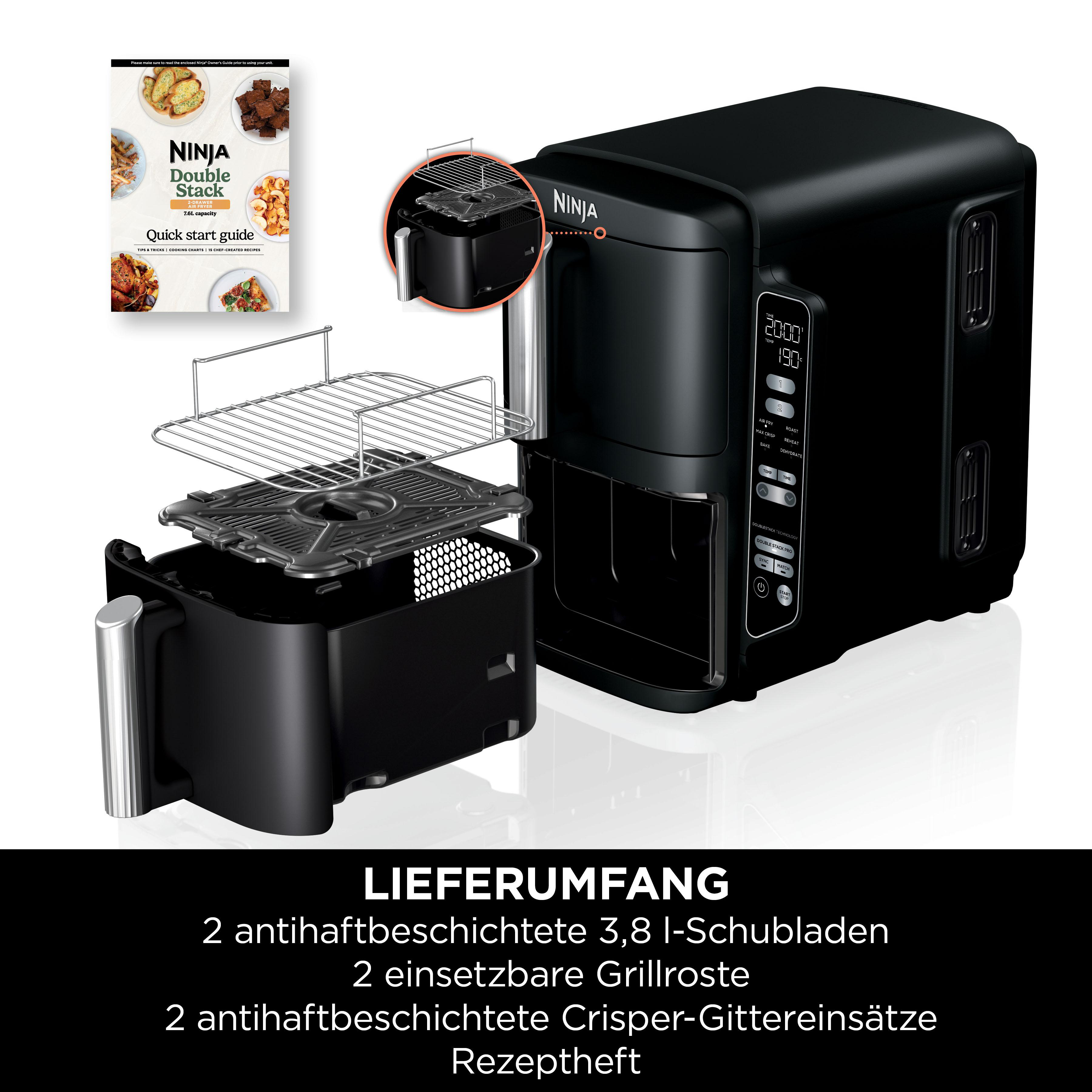 Schwarze Ninja Double Stack Heißluftfritteuse, Komponenten sichtbar. Inklusive Kochbuch.