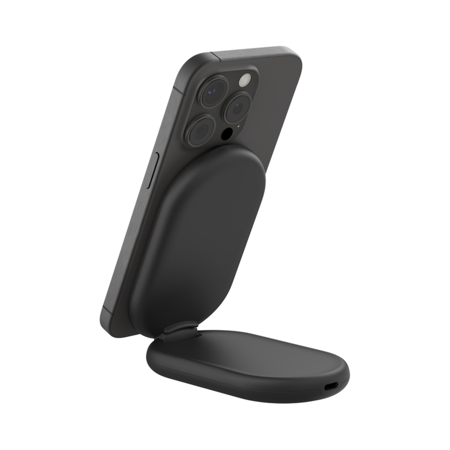 Un telefono nero con un supporto collegato, angolato verso l'alto.