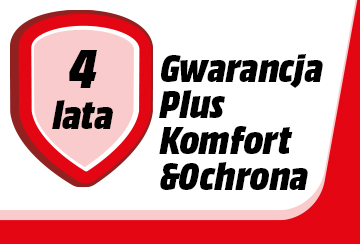 Czerwono-biała grafika z tekstem "4 lata" i "Gwarancja Plus Komfort & Ochrona".