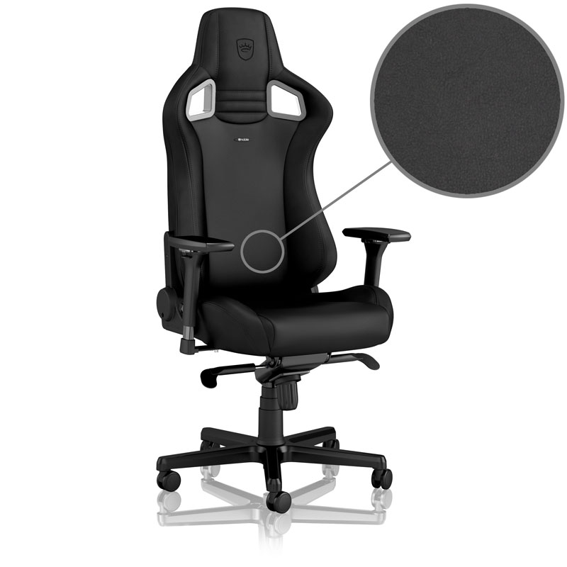 Schwarzer und silberner Gaming-Stuhl mit Nahaufnahme der Sitzstruktur.