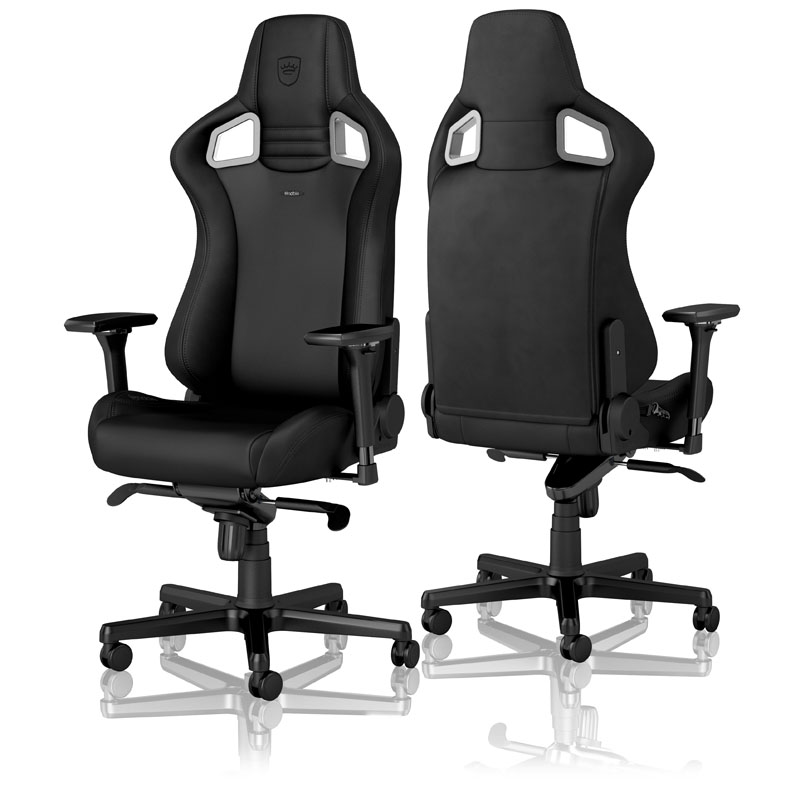 Zwei schwarze Gaming-Stühle, Vorder- und Rückansicht, auf weißem Hintergrund.