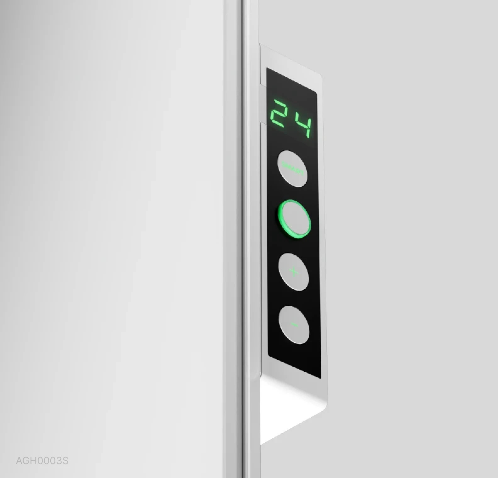Egy vezérlőpanel digitális kijelzővel, ami a '24'-et mutatja és három gombbal.