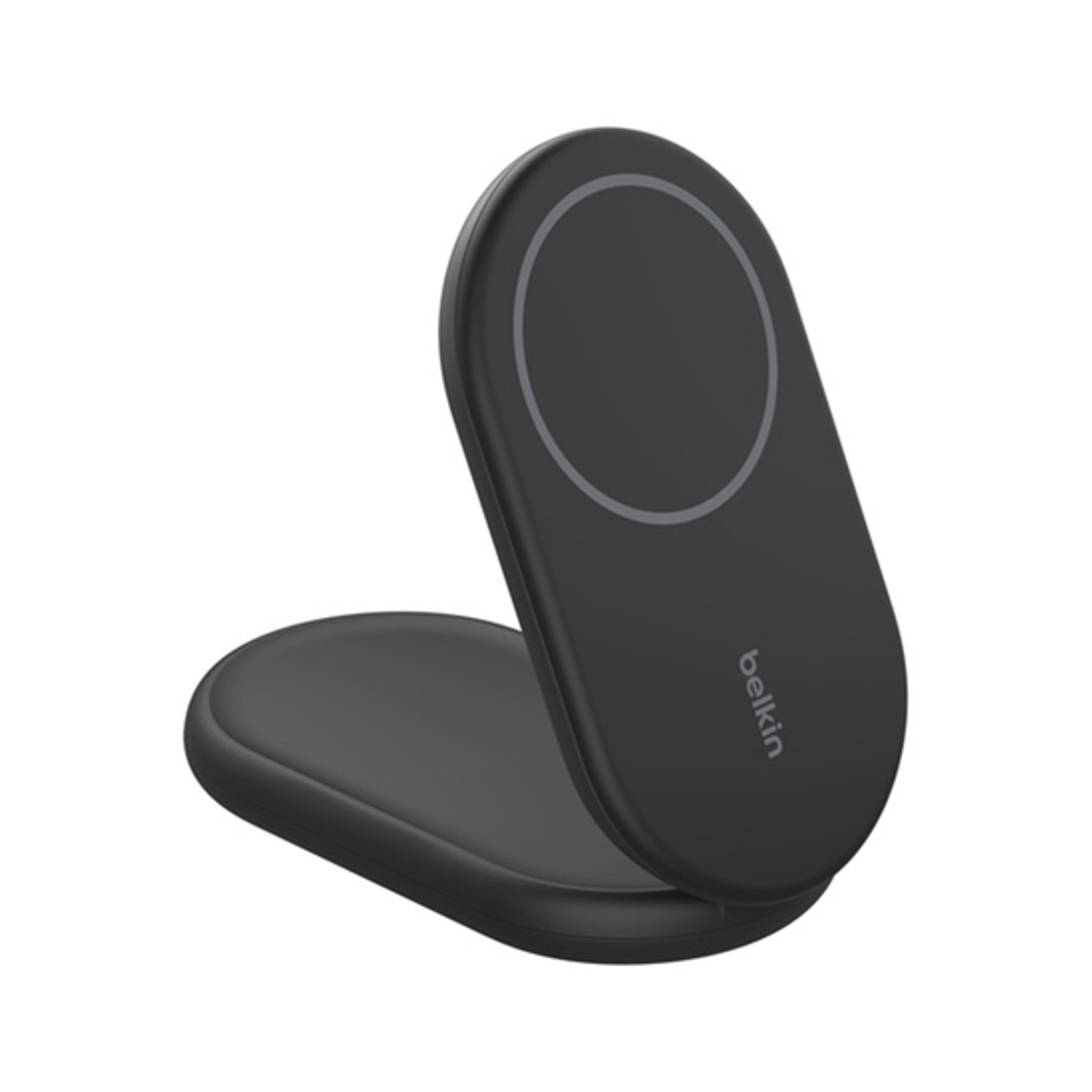 Caricatore wireless pieghevole nero. Belkin è scritto sul lato.