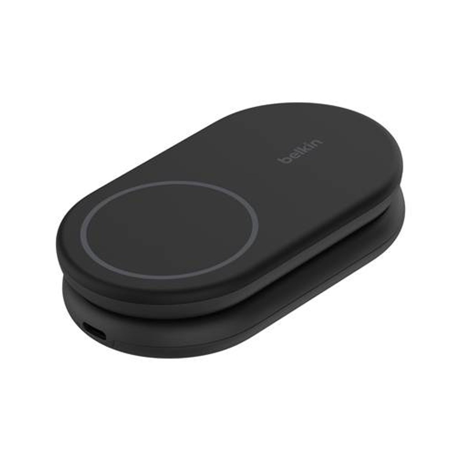 Un caricatore wireless nero con un cerchio sulla parte superiore, con il testo 'belkin'.