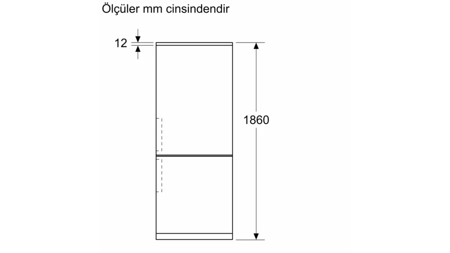 Boyutları gösteren bir buzdolabının çizimi. 1860 mm yükseklik ve 12 mm genişlik gösterir.