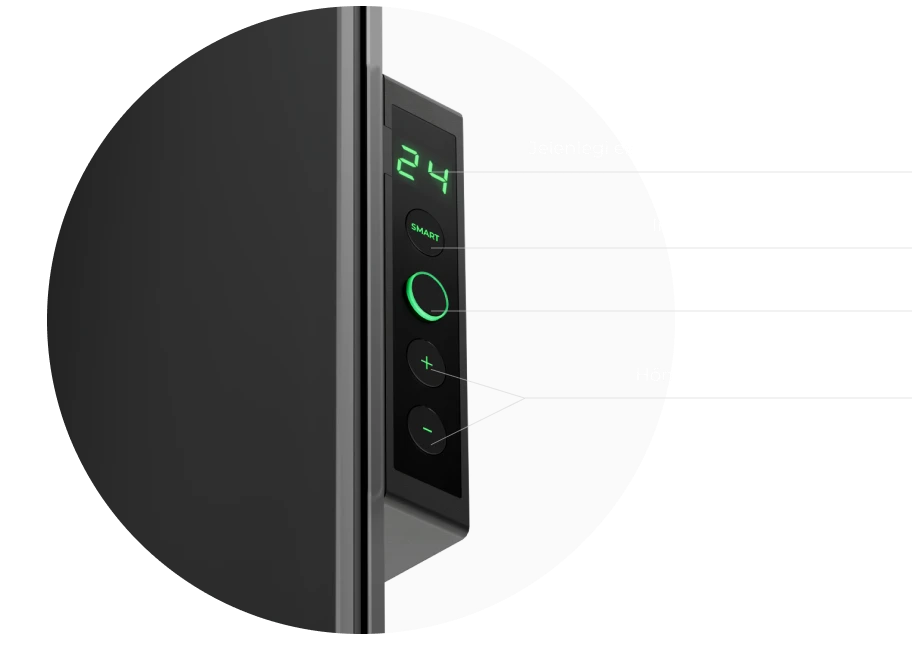 Fekete panel 24-es digitális kijelzővel, smart gombbal, be/ki gombbal és hőmérséklet beállító gombokkal.