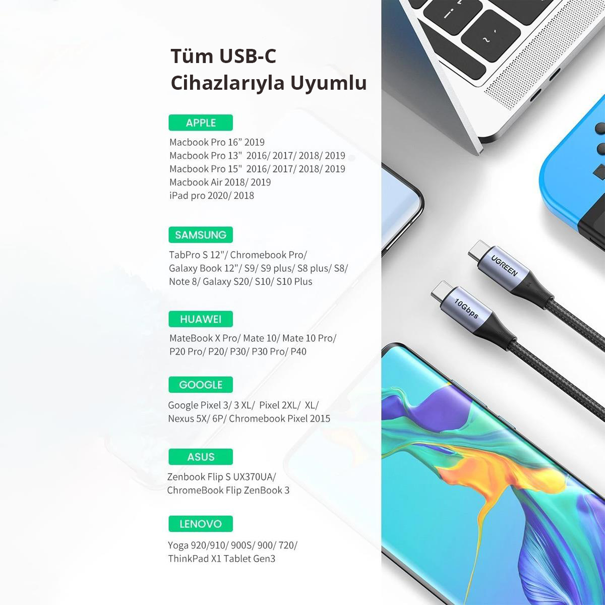 UGREEN etiketli USB-C kablosu, Apple, Samsung, Huawei, Google, Asus ve Lenovo cihazlarla uyumlu.