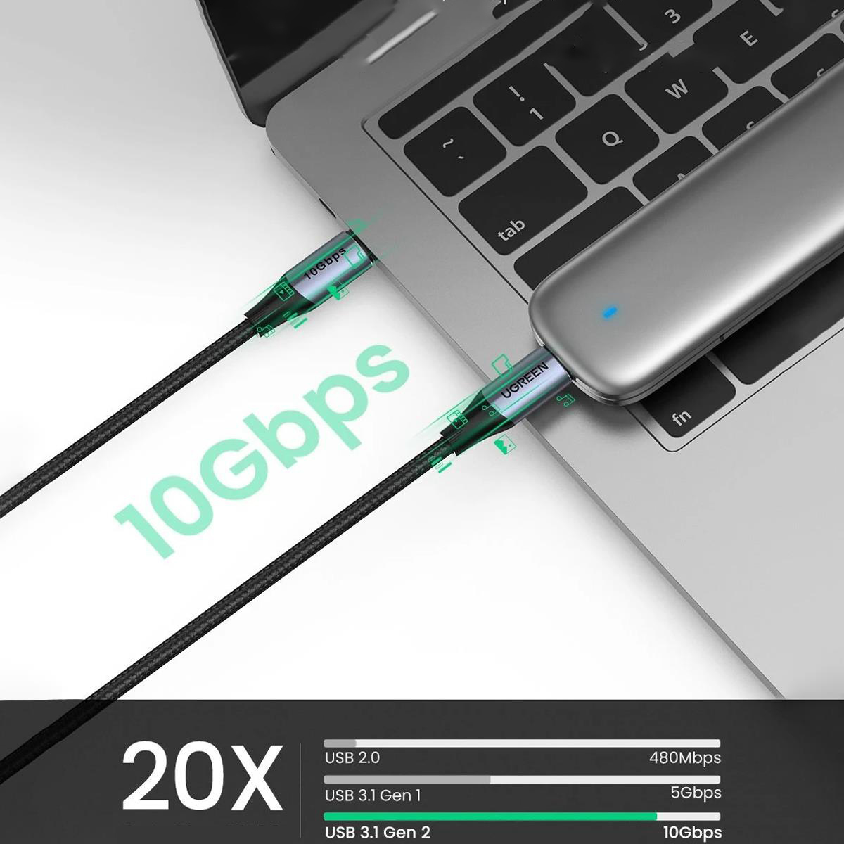 İki USB-C kablosu takılı dizüstü bilgisayar. Metin: 10Gbps.