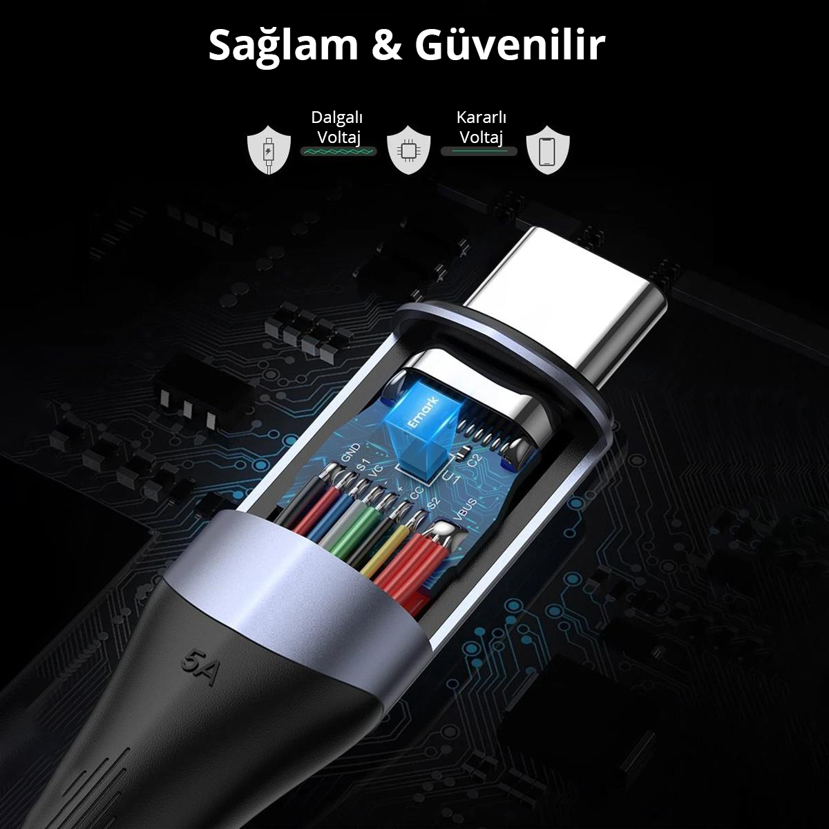 USB-C konektörlü ve iç kabloları görünen siyah şarj kablosu. Koyu arka plan.