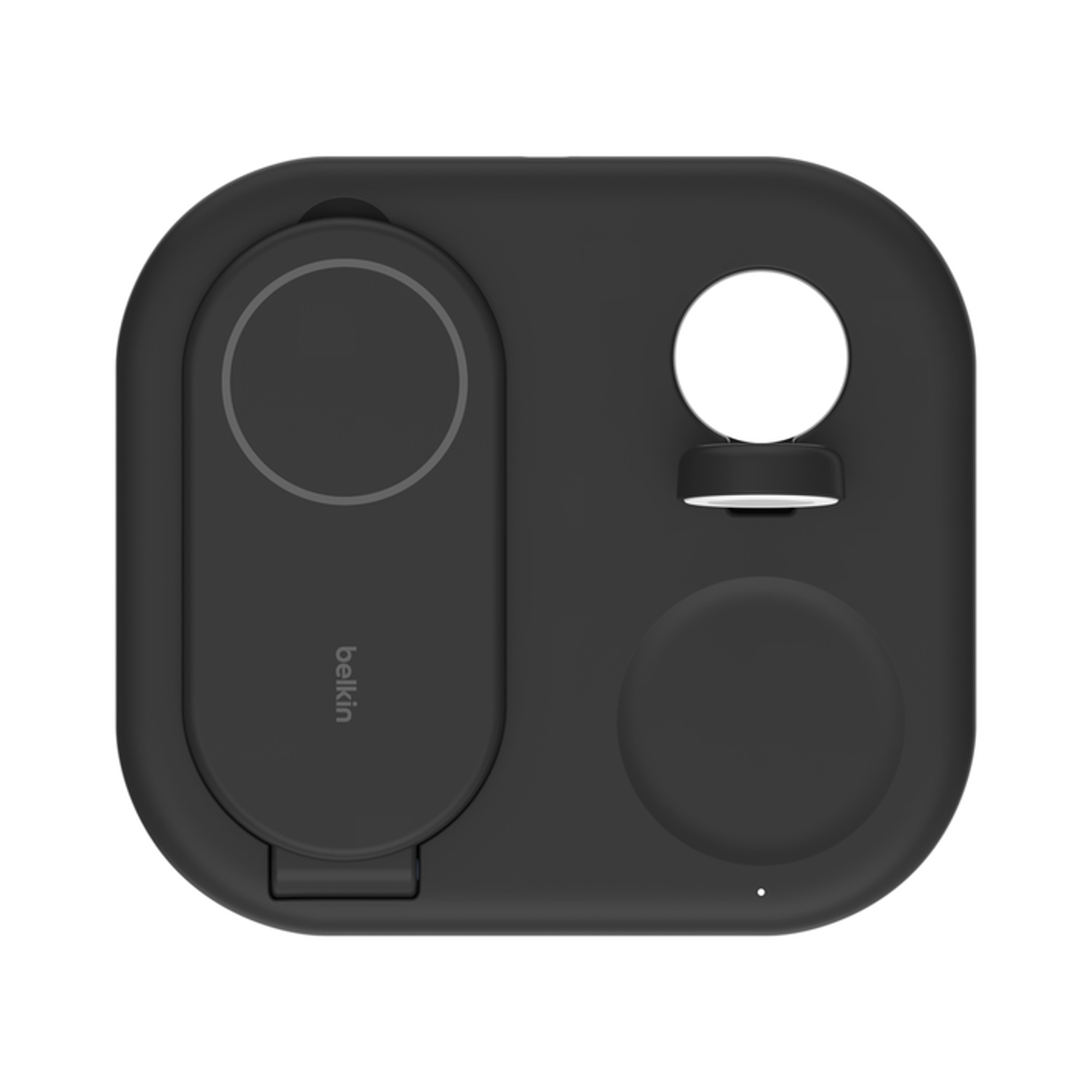 Una stazione di ricarica Belkin nera per dispositivi Apple: iPhone, Apple Watch e AirPods.