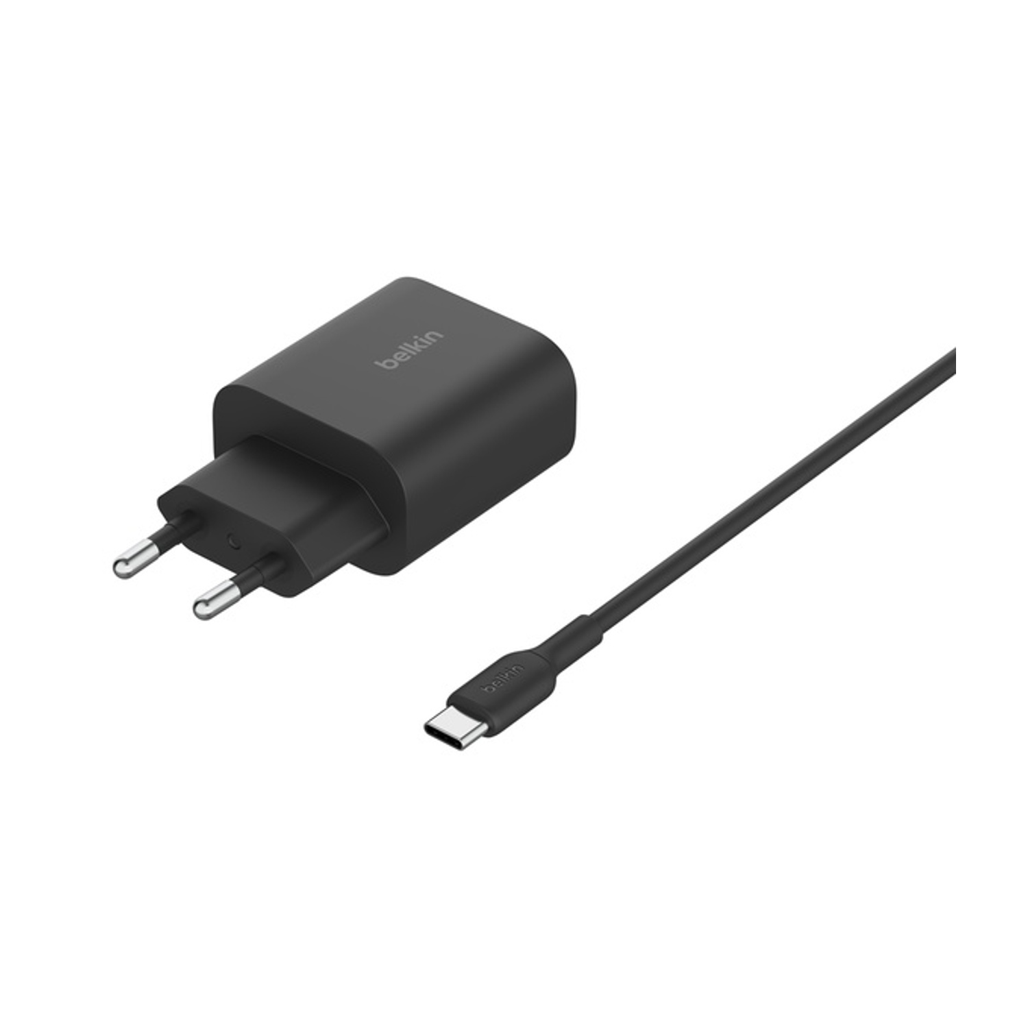 Caricabatterie Belkin nero con cavo nero e connettore USB-C.
