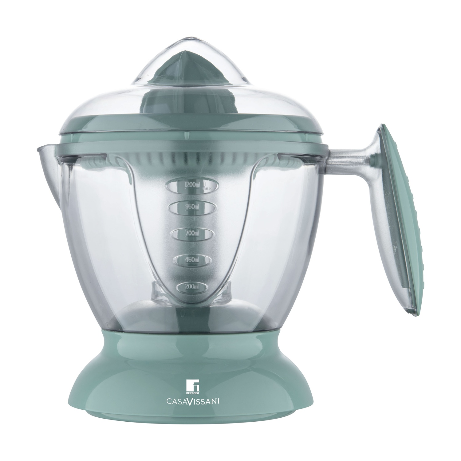 Spremiagrumi elettrico trasparente con base e manico verdi. Sfondo bianco.