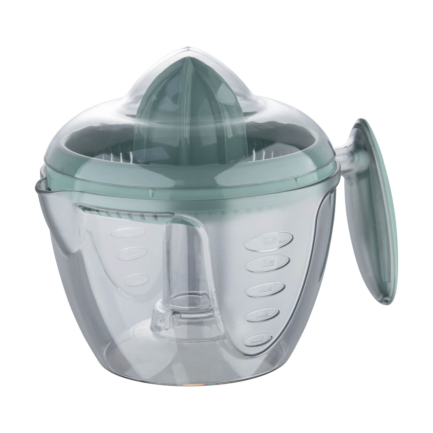 Uno spremiagrumi in plastica trasparente e verde. Ha un manico e un coperchio con un reamer a forma di cono.