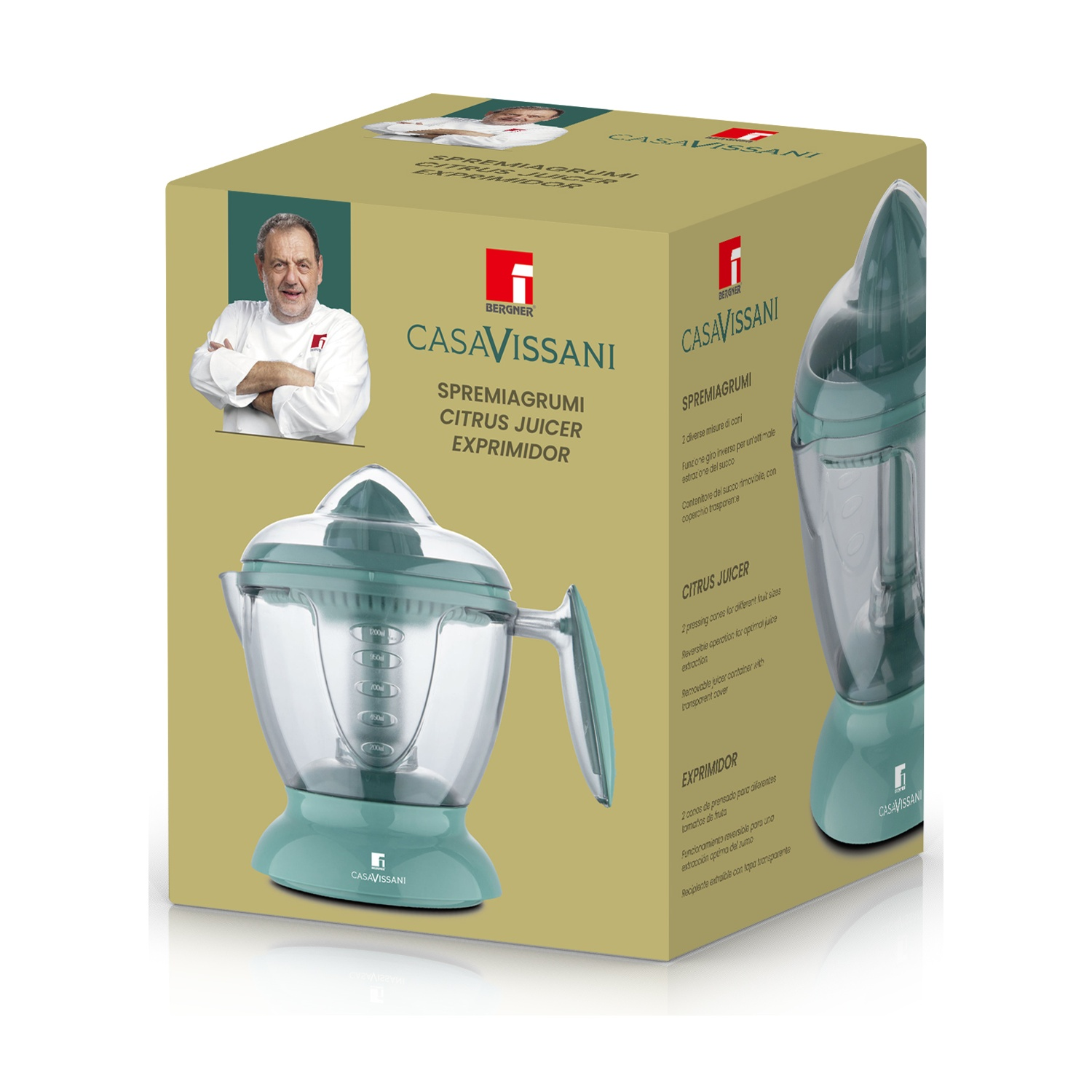 Spremiagrumi in scatola. Lo spremiagrumi è color turchese e ha un contenitore trasparente.