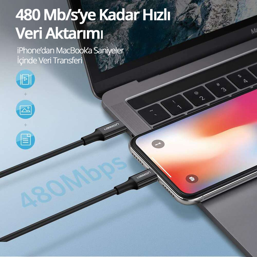USB kablosuyla bir dizüstü bilgisayara bağlı telefon. Dizüstü bilgisayar ve telefon odaklanmış. Metin 480Mbps diyor.