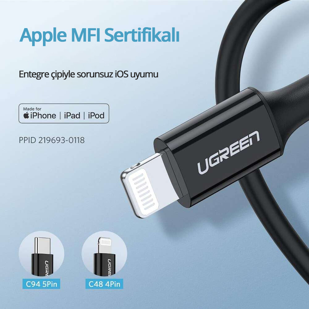 Lightning konnektörlü siyah şarj kablosu. Apple MFI hakkında metin. Beyaz zemin.