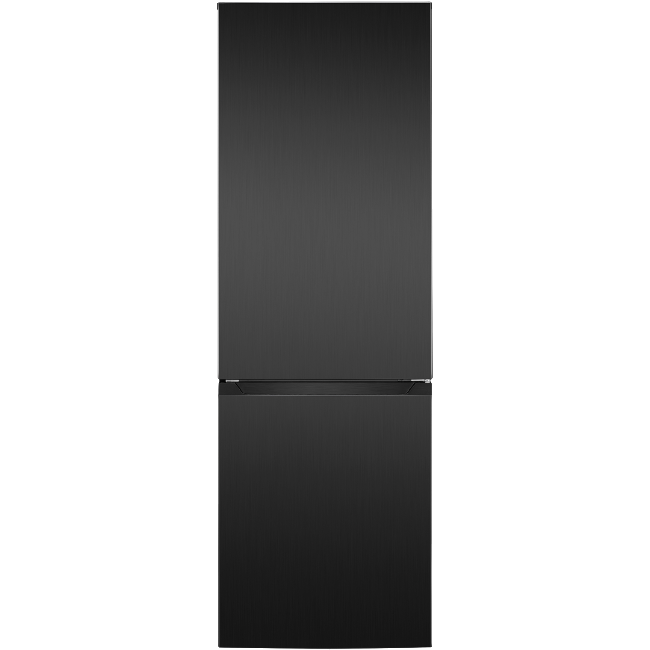 Ein schwarzer Kühlschrank mit zwei Türen. Die obere Tür ist etwas kleiner als die untere. Der Hintergrund ist schwarz.