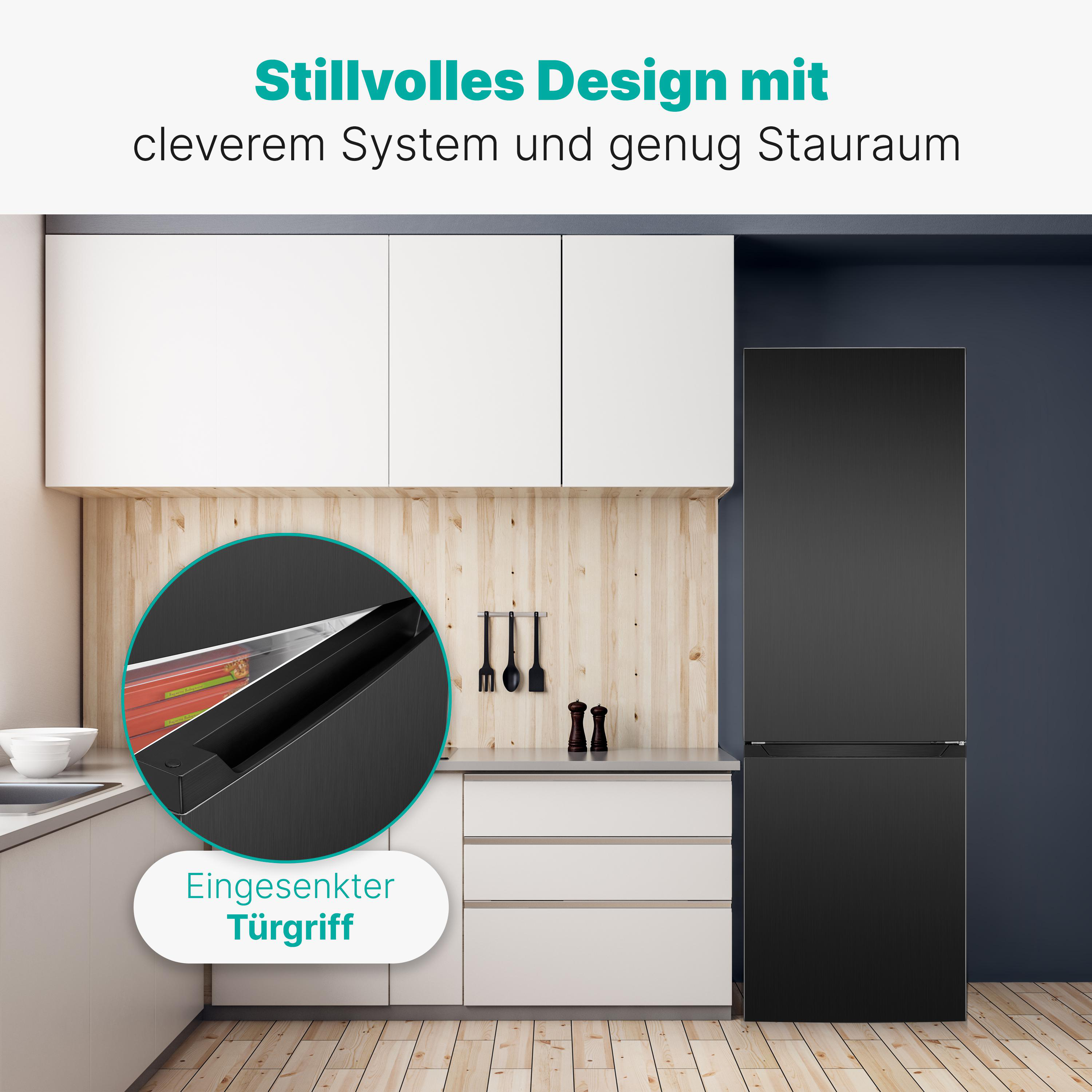 Schwarzer Kühlschrank in einer Küche mit weißen Schränken und Holzakzenten. Der Text lautet 'Stilvolles Design'.
