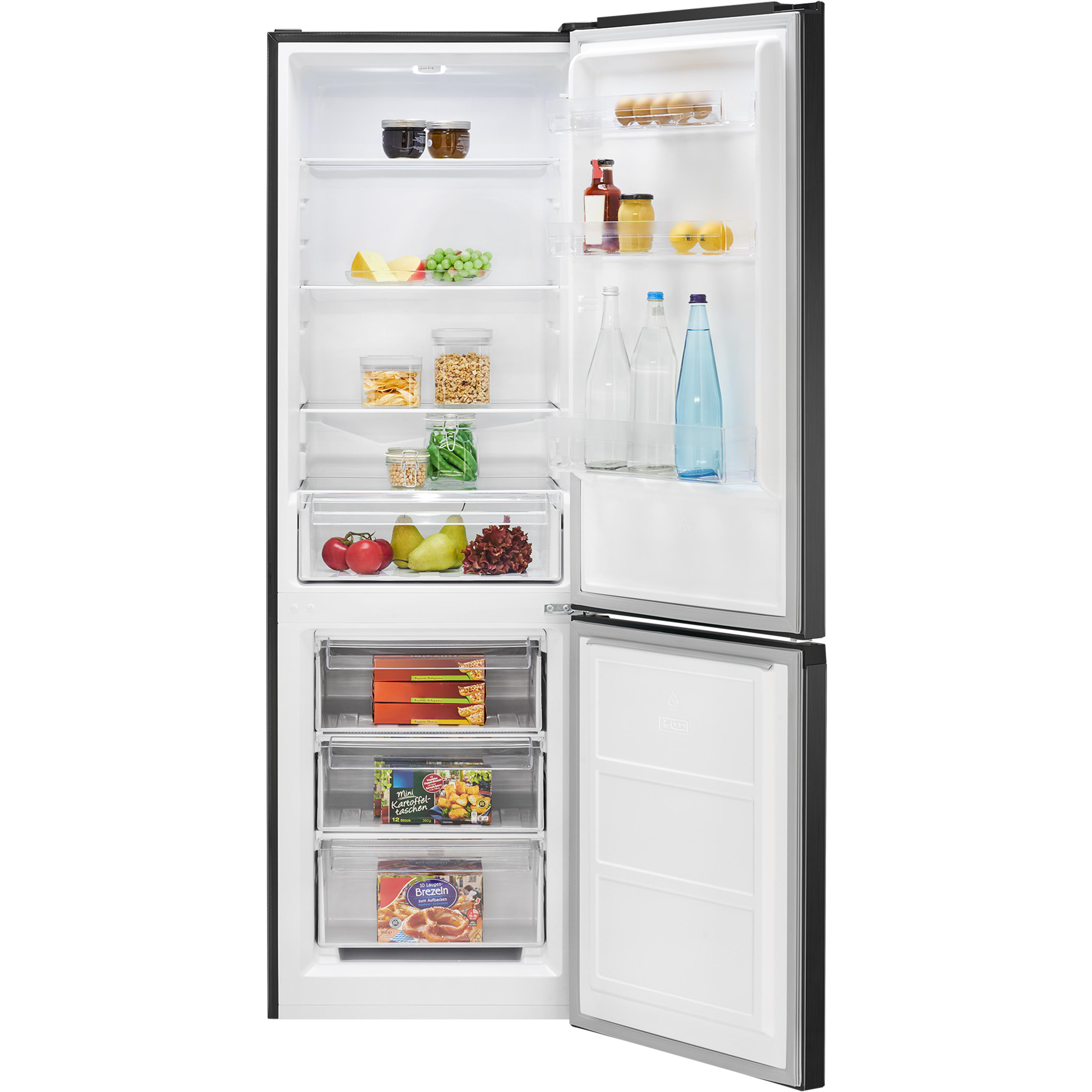 Offener Kühlschrank mit Lebensmitteln: Eier, Flaschen, Obst, Gemüse und Tiefkühlgerichte.