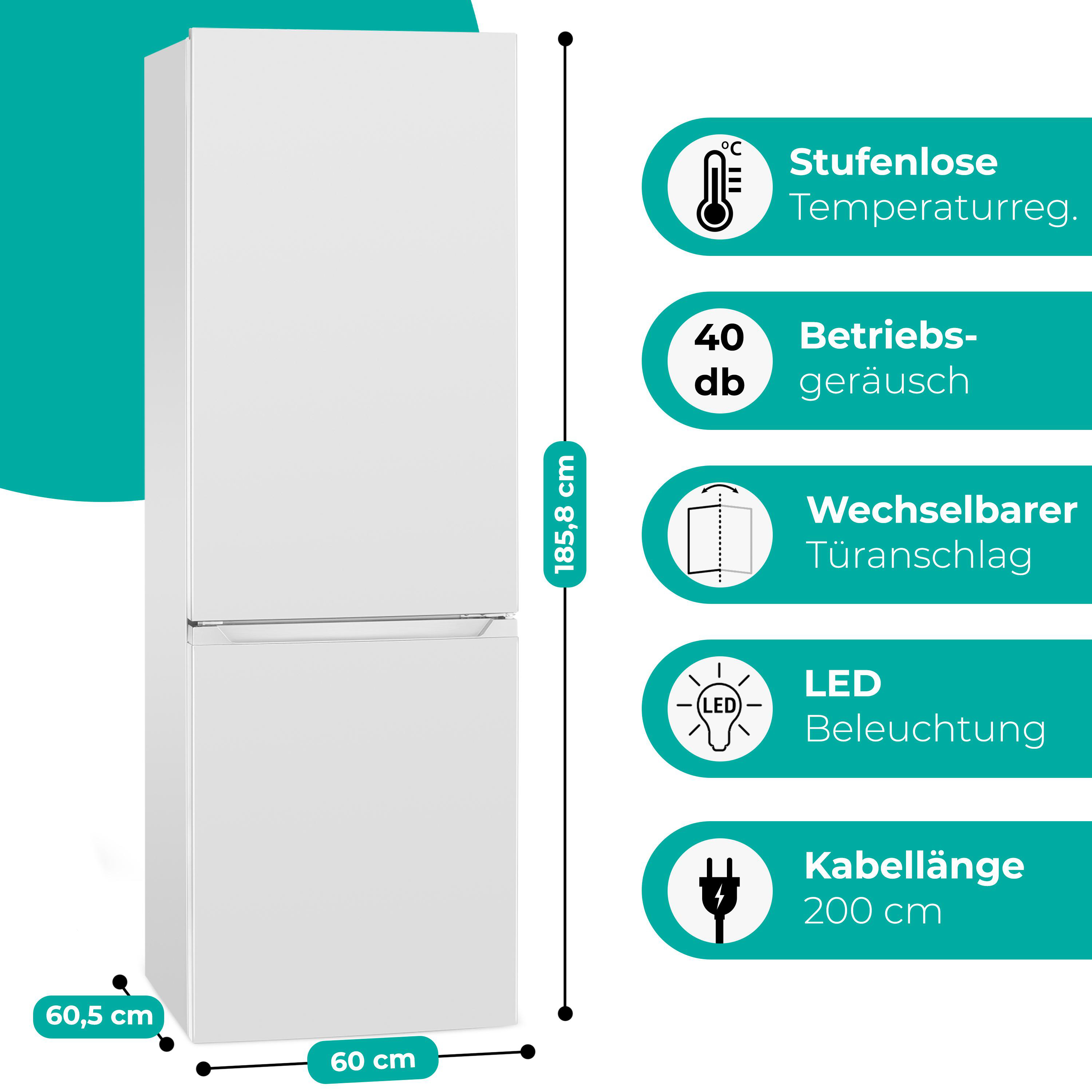 Ein weißer Kühlschrank mit Maßen. Text: Temperaturregelung, geringe Geräuschentwicklung, wechselbare Tür, LED-Beleuchtung, Kabellänge.