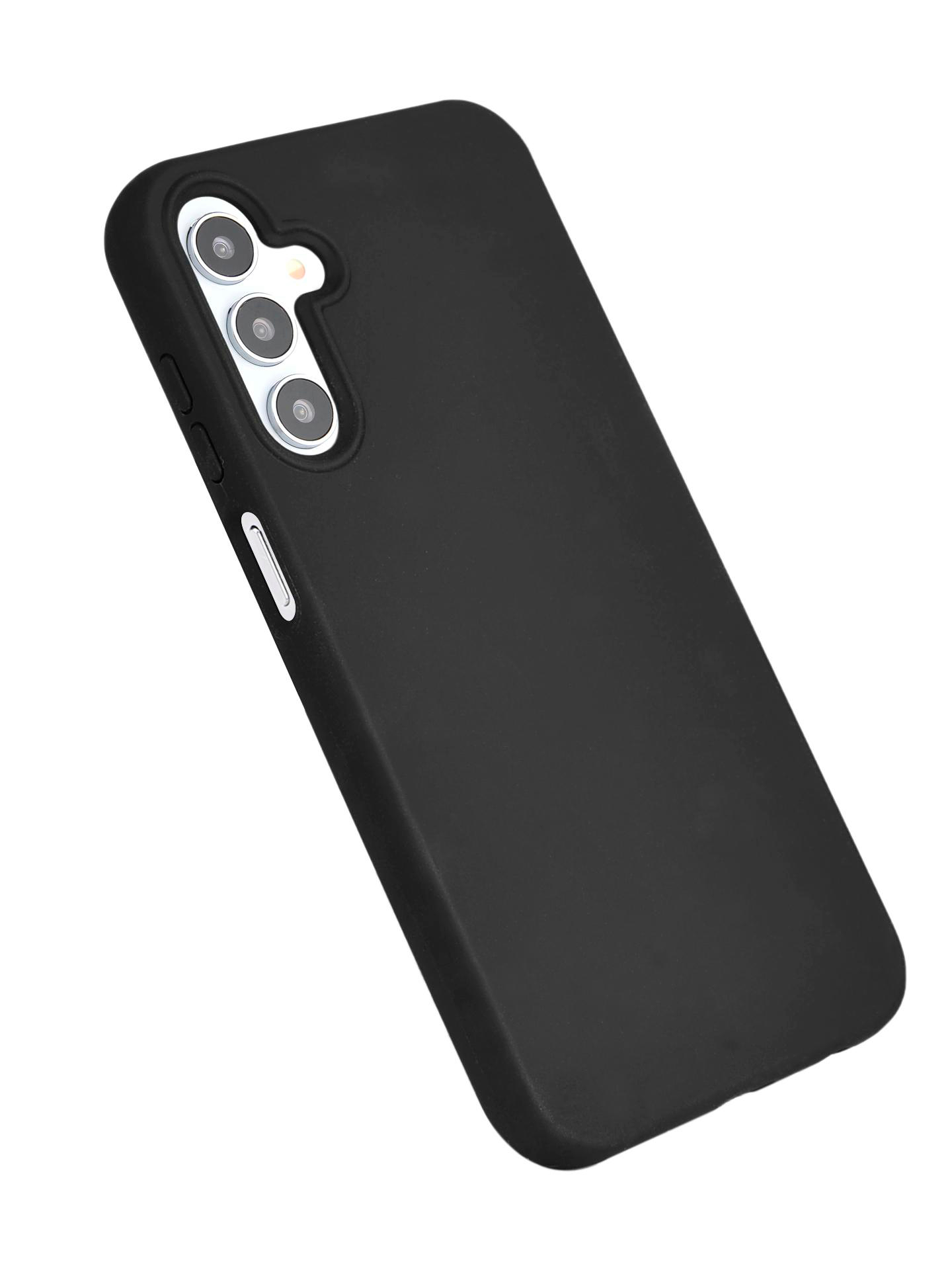 Eine schwarze Handyhülle für ein Smartphone, angewinkelt, um die Kameralinsen und Seitentasten zu zeigen.