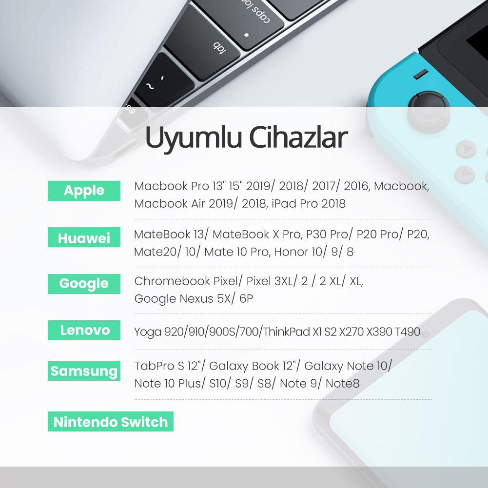 Apple, Huawei, Google, Lenovo, Samsung ve Nintendo Switch dahil olmak üzere uyumlu cihazların listesi.