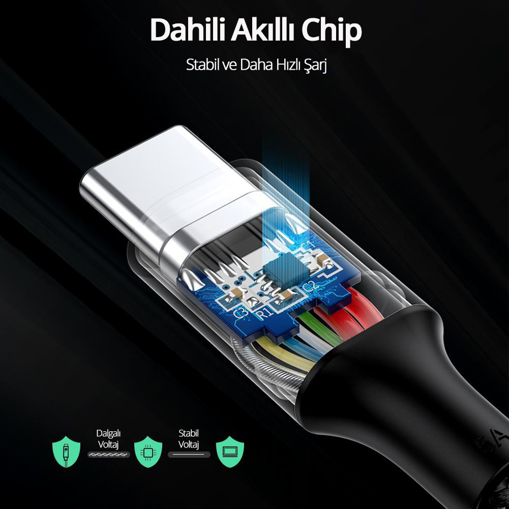 Dahili bileşenlerini ve şarj teknolojisini vurgulayan bir USB-C kablosunun detaylı görünümü.