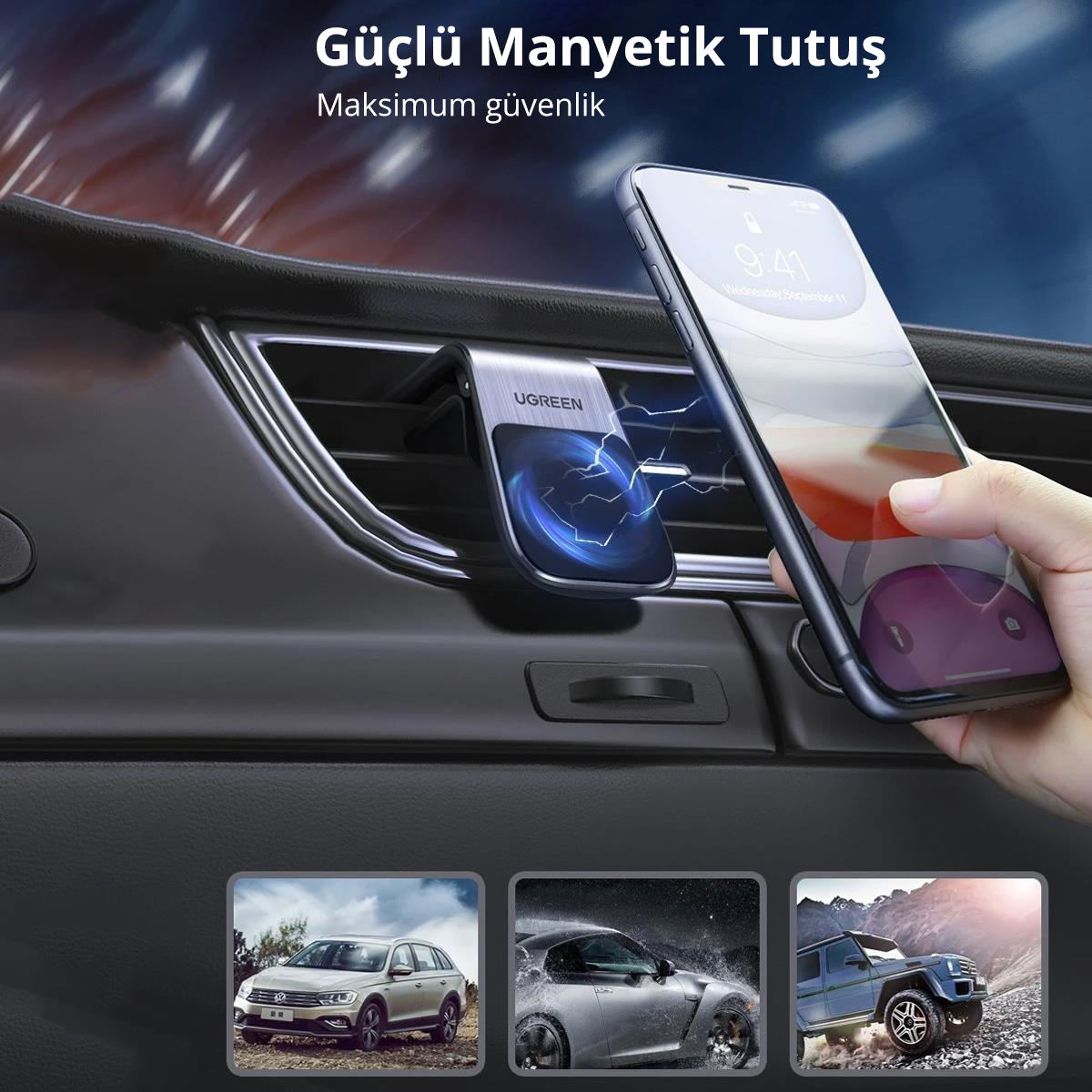 Manyetik tutucuya takılı telefonlu araç içi, telefonu tutan el.