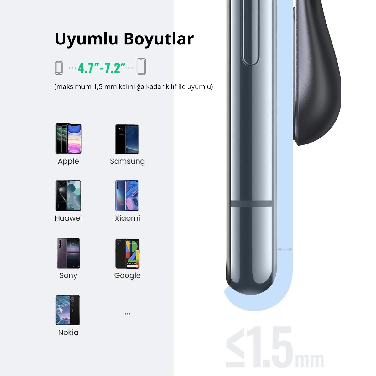 Görsel, telefon uyumluluğunu gösteriyor. Apple, Samsung, Huawei, Xiaomi gibi telefon modellerini gösteriyor. Metin boyutları ve kalınlığı belirtiyor.