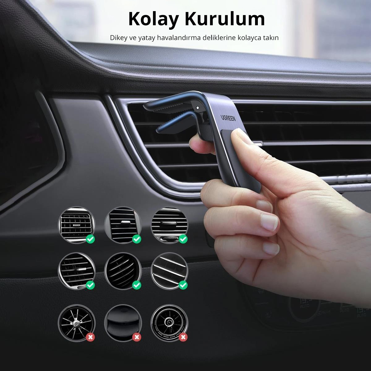 Elde siyah bir araba telefon tutucusu var. Üstteki metin kolay kurulum diyor.