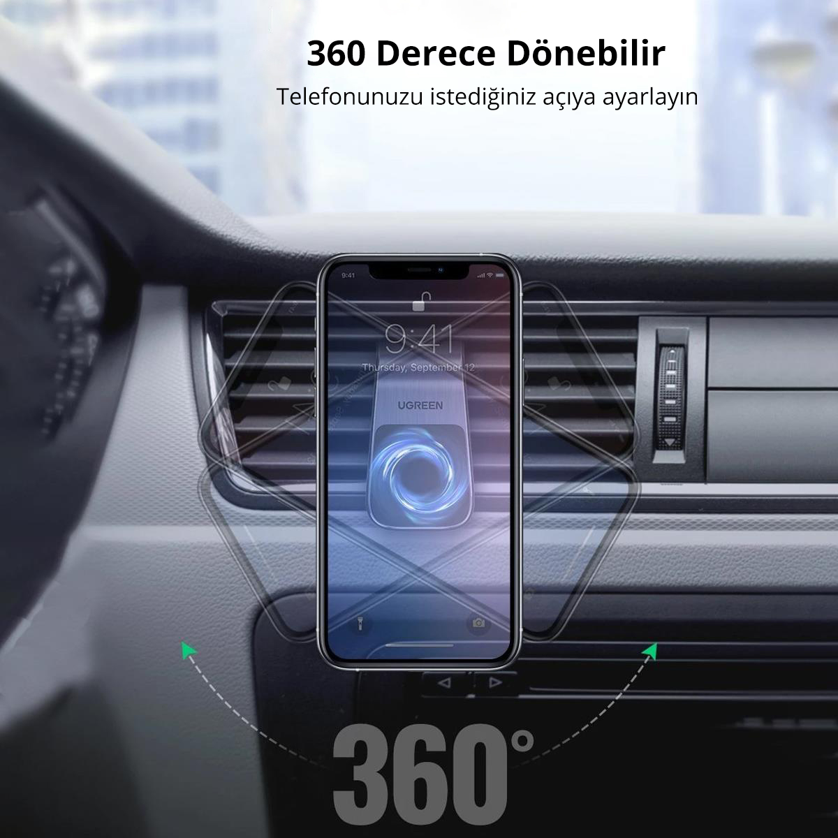Telefon, araba havalandırmasına monte edilmiş. Ekran bir navigasyon uygulaması gösteriyor.
