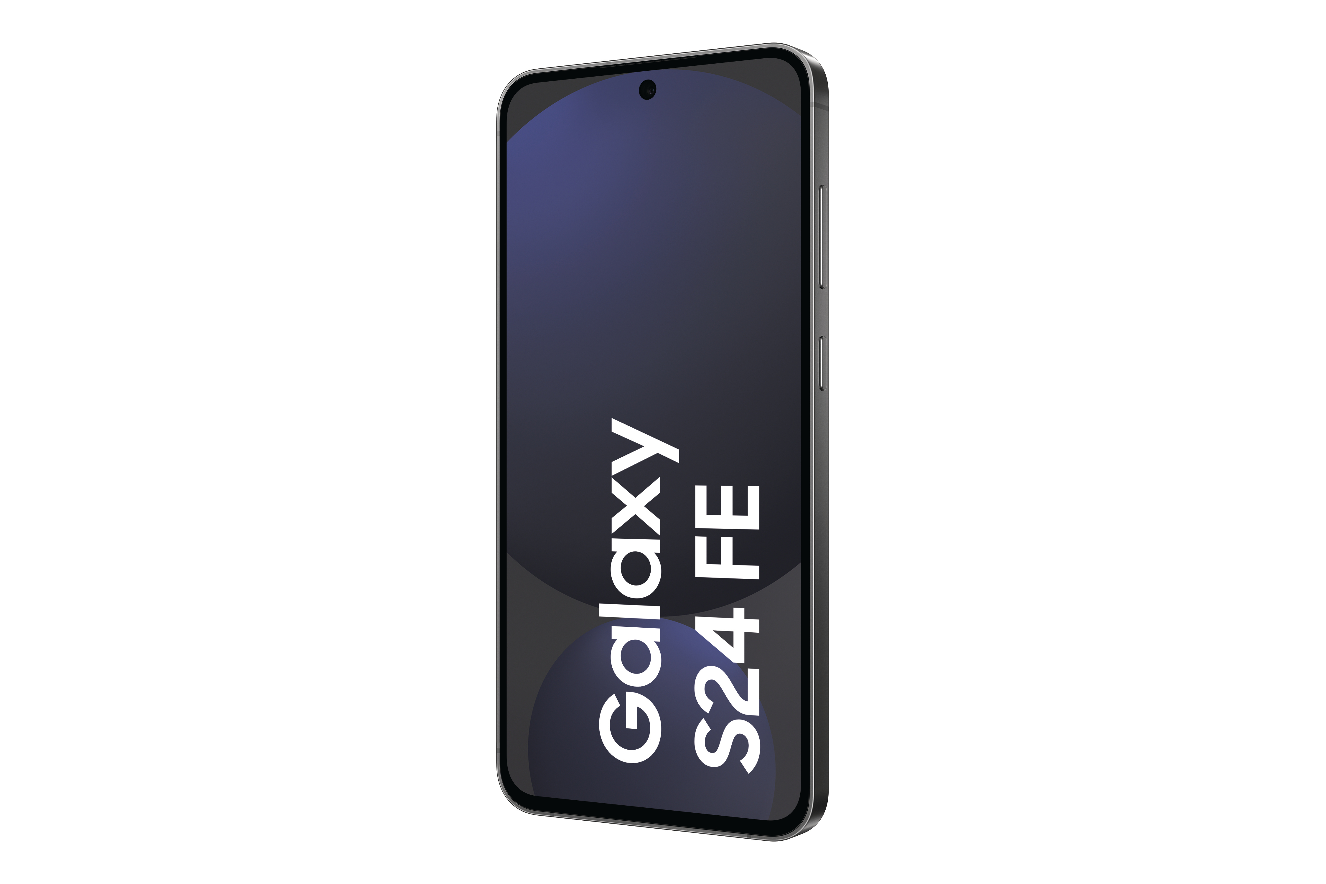 Ein schwarzes Telefon mit einem Bildschirm, auf dem 'Galaxy S24 FE' steht.