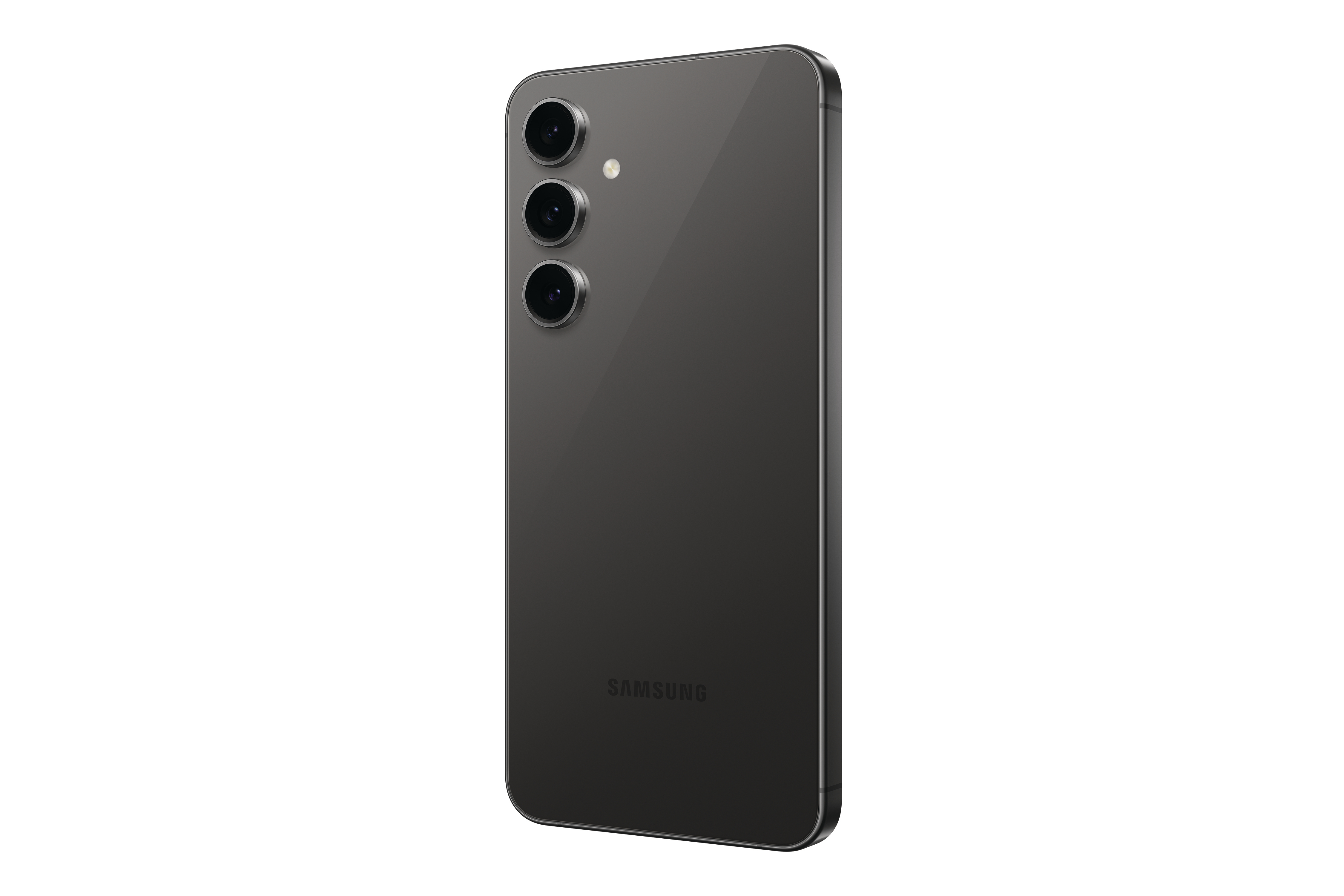 Rückansicht eines dunkelgrauen Smartphones mit drei Rückkameras und Samsung-Logo.