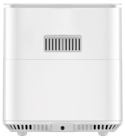 Biały oczyszczacz powietrza, prostokątny kształt, z otworami wentylacyjnymi i kratką. Dół ma otwory wentylacyjne i mały port.