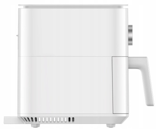 Biała frytownica powietrzna z uchwytem i małym otworem wentylacyjnym z boku, na białej powierzchni.