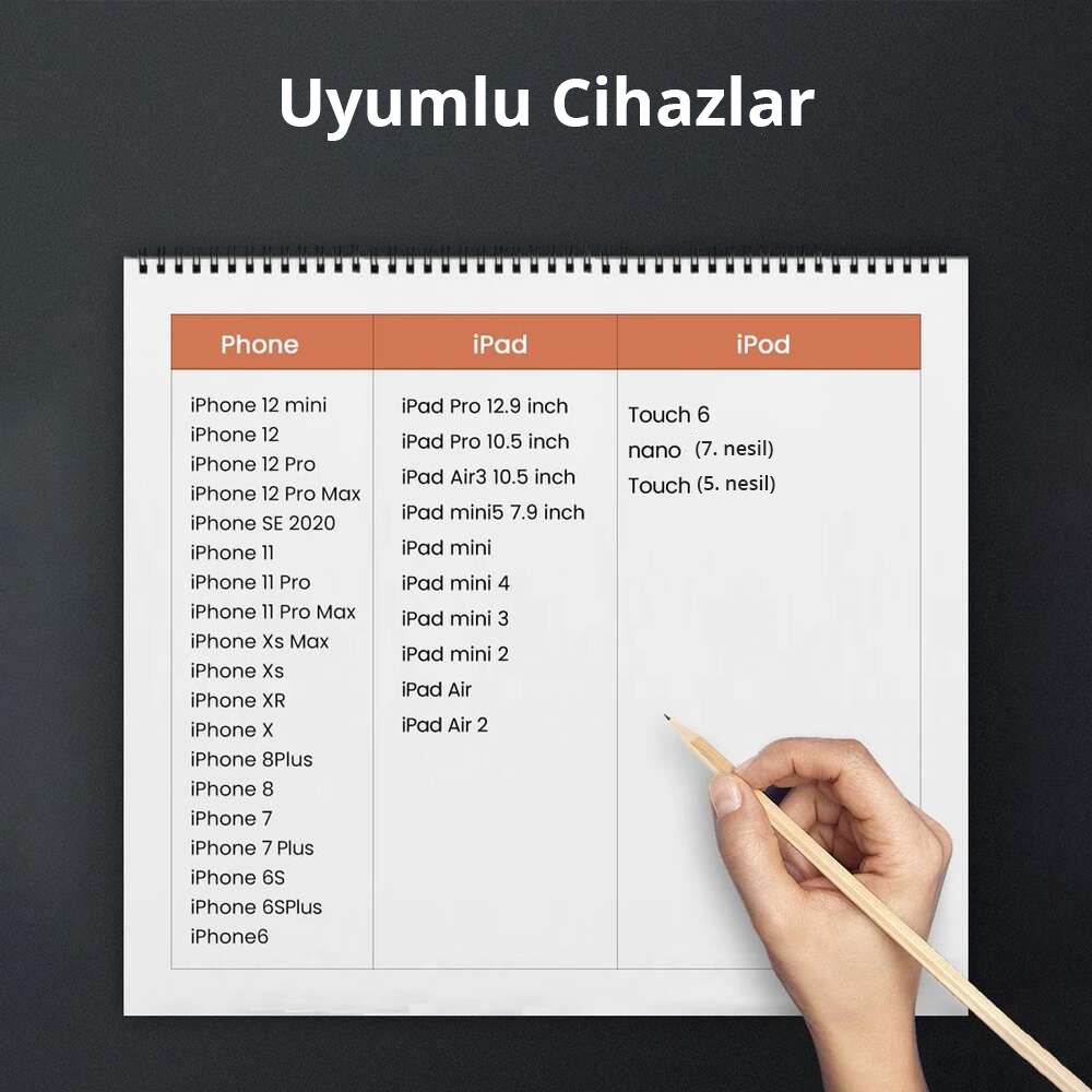 Spiral defter uyumlu cihazları gösteriyor. Bir el kalem tutuyor.