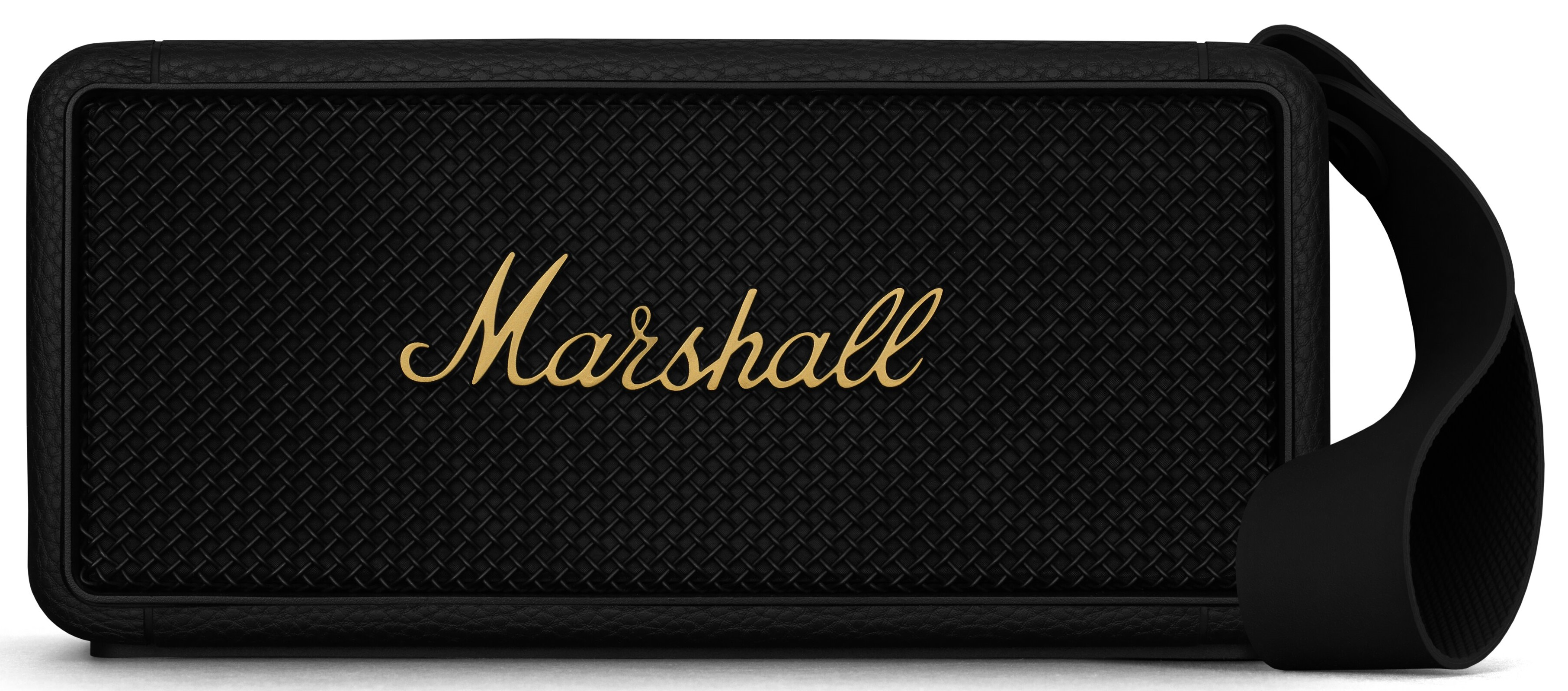 Czarny głośnik Marshall ze złotym napisem Marshall i czarnym paskiem do noszenia.