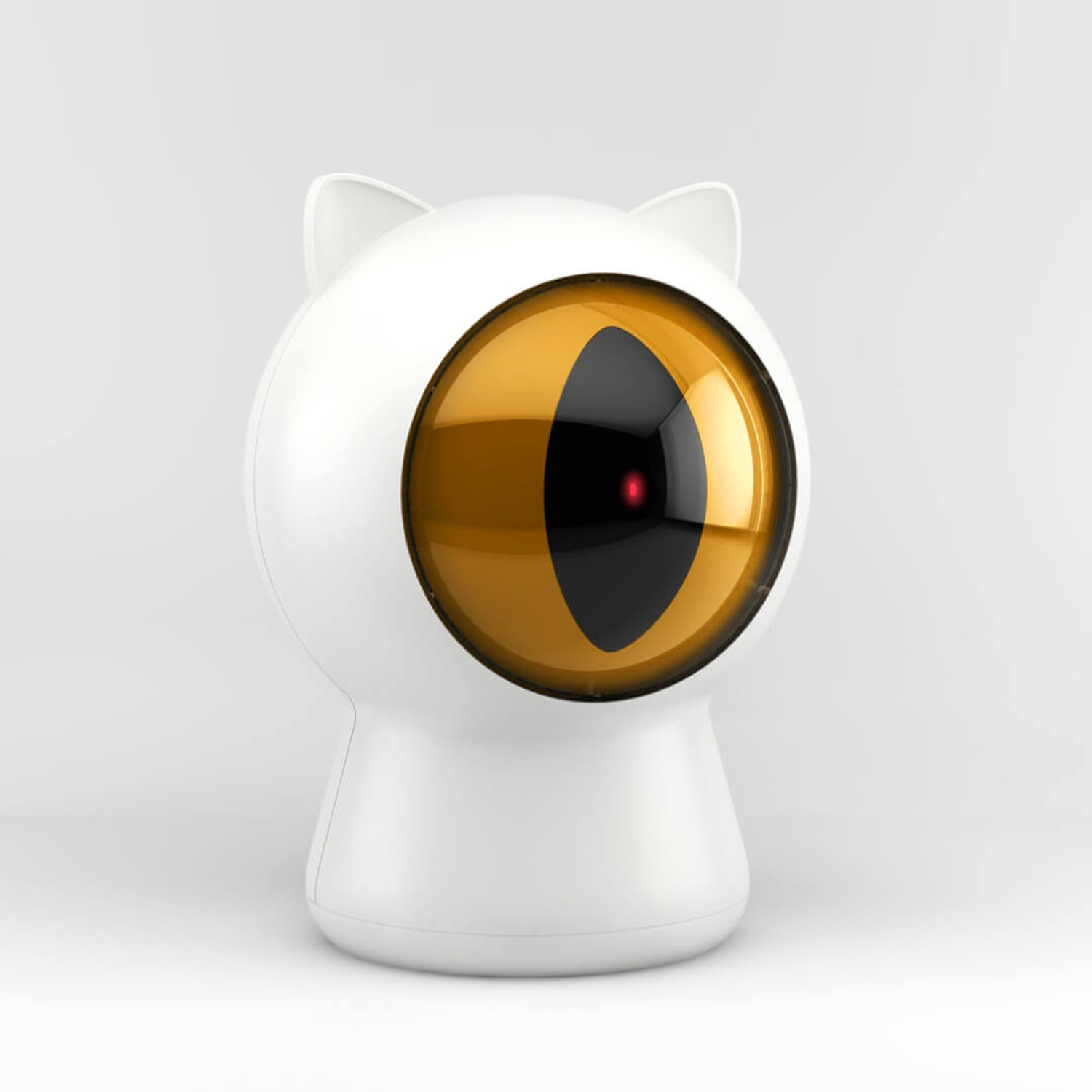 Dispositivo bianco a forma di gatto con un grande occhio arancione e nero. Sfondo bianco.