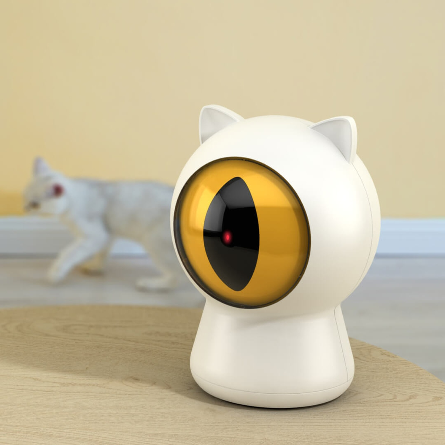Un giocattolo per gatti bianco con un design a forma di occhio. Un gatto è sfocato sullo sfondo.