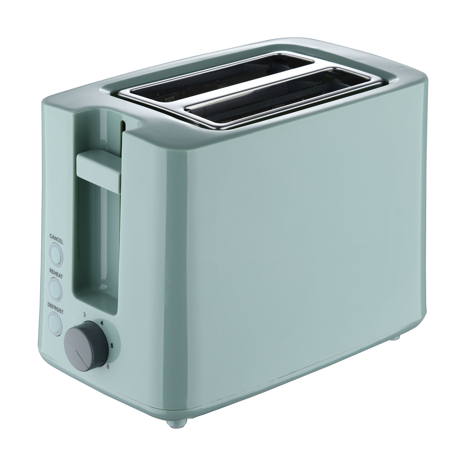 Un tostapane azzurro con due fessure e un quadrante grigio.